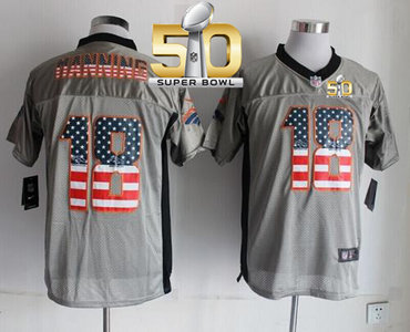 Nike Broncos #18 Peyton Manning Grey Super Bowl 50 Men's Stitched NFL Elite USA Flag Fashion Jersey