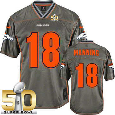 Nike Broncos #18 Peyton Manning Grey Super Bowl 50 Men's Stitched NFL Elite Vapor Jersey