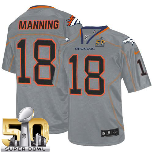 Nike Broncos #18 Peyton Manning Lights Out Grey Super Bowl 50 Men's Stitched NFL Elite Jersey Nike Broncos #18 Peyton Manning Lights Out Grey Super Bowl 50 Men's Stitched NFL Elite Jersey