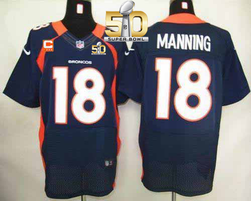 Nike Broncos #18 Peyton Manning Navy Blue With C Patch Super Bowl 50 Men's Stitched NFL Elite Jersey