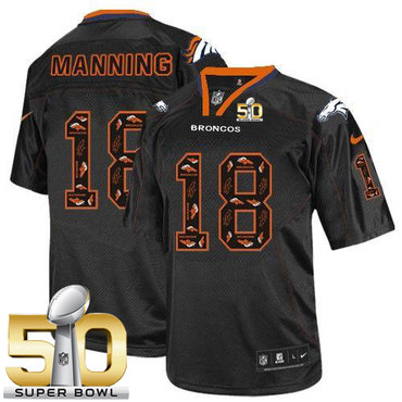 Nike Broncos #18 Peyton Manning New Lights Out Black Super Bowl 50 Men's Stitched NFL Elite Jersey