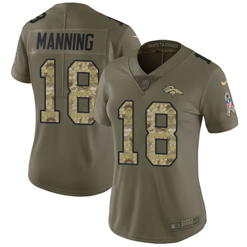 Nike Broncos #18 Peyton Manning Olive Camo Women's Stitched NFL Limited 2017 Salute to Service Jersey