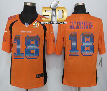 Nike Broncos #18 Peyton Manning Orange Team Color Super Bowl 50 Men's Stitched NFL Limited Strobe Jersey