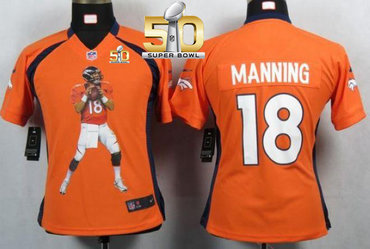 Nike Broncos #18 Peyton Manning Orange Team Color Super Bowl 50 Women's Portrait Fashion NFL Game Jersey