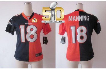 Nike Broncos #18 Peyton Manning OrangeBlue Super Bowl 50 Women's Stitched NFL Elite Split Jersey