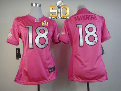 Nike Broncos #18 Peyton Manning Pink Super Bowl 50 Women's Be Luv'd Stitched NFL Elite  Jersey