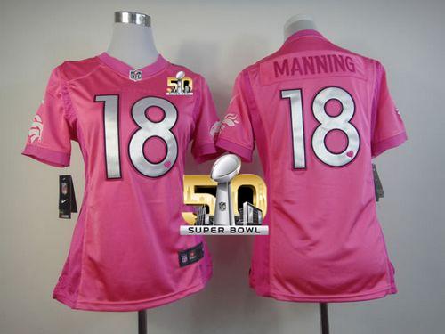 Nike Broncos #18 Peyton Manning Pink Super Bowl 50 Women's Be Luv'd Stitched NFL Elite Jersey-1