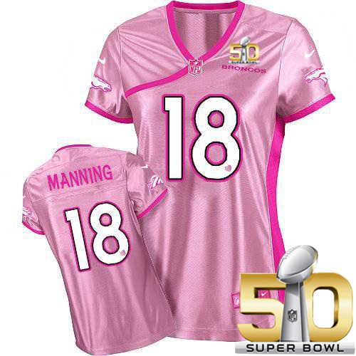 Nike Broncos #18 Peyton Manning Pink Super Bowl 50 Women's Be Luv'd Stitched NFL Elite Jersey