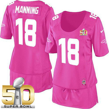 Nike Broncos #18 Peyton Manning Pink Super Bowl 50 Women's Breast Cancer Awareness Stitched NFL Elite Jersey