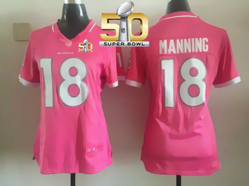 Nike Broncos #18 Peyton Manning Pink Super Bowl 50 Women's Stitched NFL Elite Bubble Gum Jersey