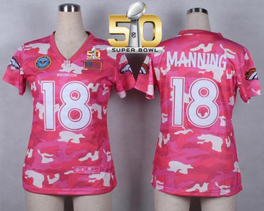 Nike Broncos #18 Peyton Manning Pink Super Bowl 50 Women's Stitched NFL Elite Camo Fashion Jersey