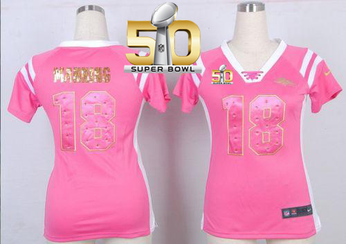 Nike Broncos #18 Peyton Manning Pink Super Bowl 50 Women's Stitched NFL Elite Draft Him Shimmer Jersey