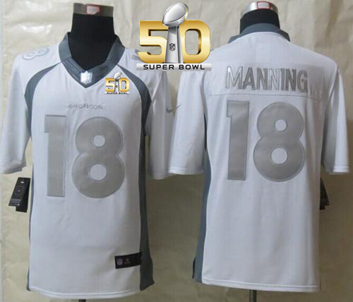 Nike Broncos #18 Peyton Manning White Super Bowl 50 Men's Stitched NFL Limited Platinum Jersey