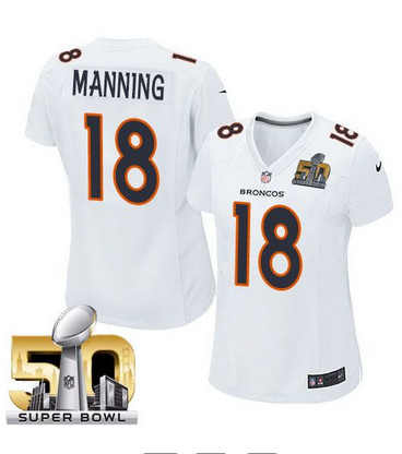 Nike Broncos #18 Peyton Manning White Super Bowl 50 Women's Stitched NFL Game Event Jersey