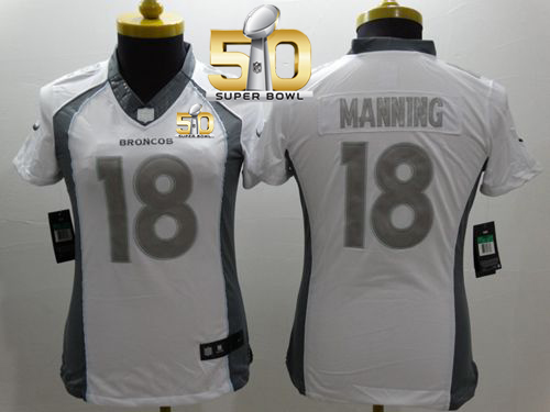 Nike Broncos #18 Peyton Manning White Super Bowl 50 Women's Stitched NFL Limited Platinum Jersey