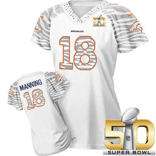 Nike Broncos #18 Peyton Manning White Super Bowl 50 Women's Zebra Field Flirt Stitched NFL Elite Jersey