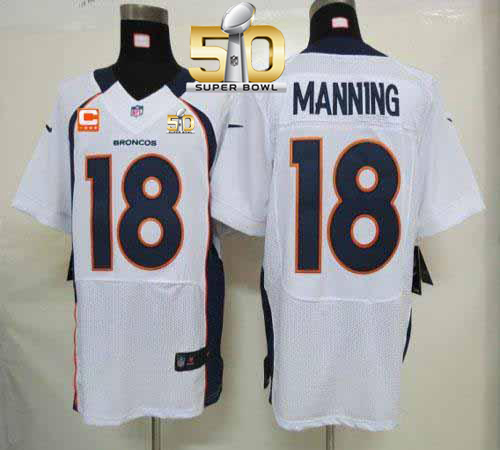 Nike Broncos #18 Peyton Manning White With C Patch Super Bowl 50 Men's Stitched NFL Elite Jersey