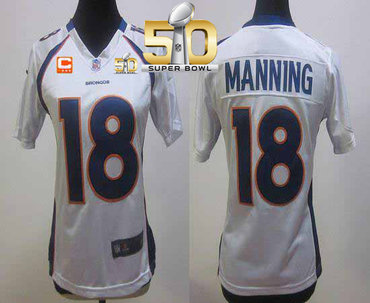 Nike Broncos #18 Peyton Manning White With C Patch Super Bowl 50 Women's Stitched NFL Elite Jersey