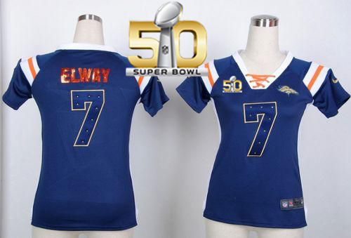 Nike Broncos #7 John Elway Navy Blue Super Bowl 50 Women's Stitched NFL Elite Draft Him Shimmer Jersey
