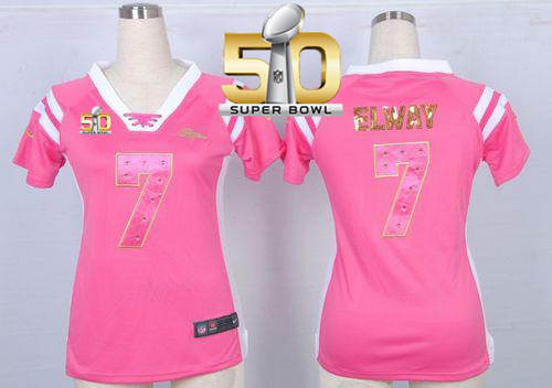 Nike Broncos #7 John Elway Pink Super Bowl 50 Women's Stitched NFL Elite Draft Him Shimmer Jersey