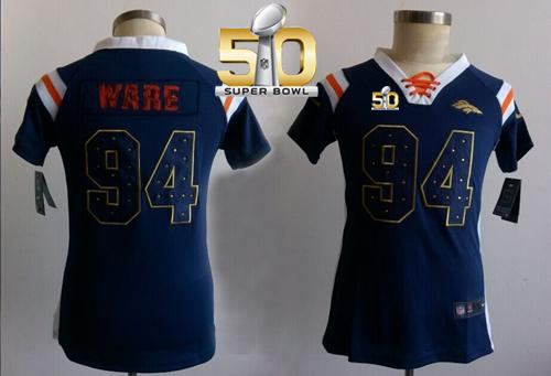 Nike Broncos #94 DeMarcus Ware Navy Blue Super Bowl 50 Women's Stitched NFL Elite Draft Him Shimmer Jersey Nike Broncos #94 DeMarcus Ware Navy Blue Super Bowl 50 Women's Stitched NFL Elite Draft Him Shimmer Jersey