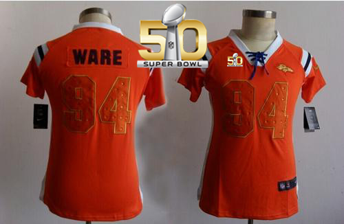 Nike Broncos #94 DeMarcus Ware Orange Super Bowl 50 Women's Stitched NFL Elite Draft Him Shimmer Jersey