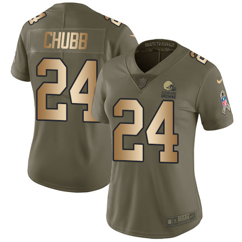 Nike Browns #24 Nick Chubb Olive Gold Women's Stitched NFL Limited 2017 Salute to Service Jersey