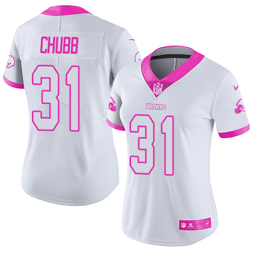 Nike Browns #31 Nick Chubb White Pink Women's Stitched NFL Limited Rush Fashion Jersey Nike Browns #31 Nick Chubb White Pink Women's Stitched NFL Limited Rush Fashion Jersey