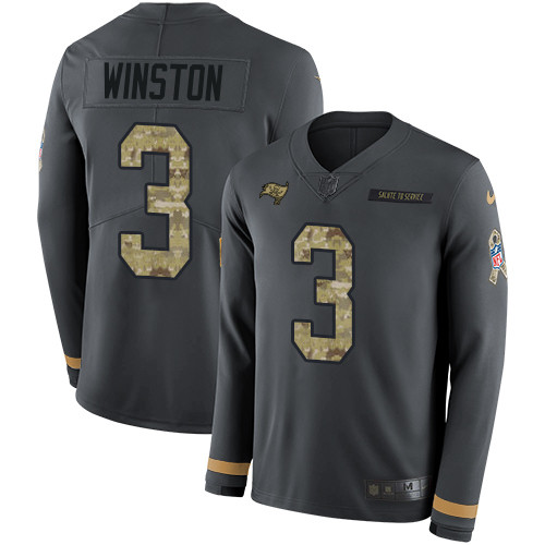 Nike Buccaneers #3 Jameis Winston Anthracite Salute to Service Men's Stitched NFL Limited Therma Long Sleeve Jersey Nike Buccaneers #3 Jameis Winston Anthracite Salute to Service Men's Stitched NFL Limited Therma Long Sleeve Jersey