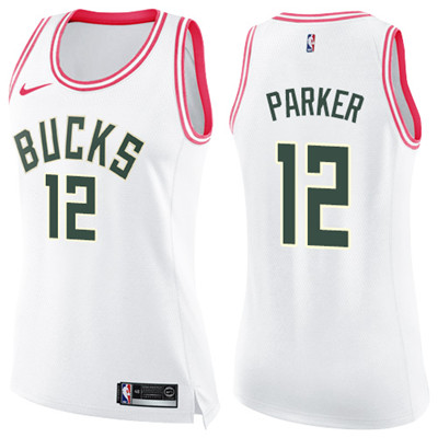Nike Bucks #12 Jabari Parker White Pink Women's NBA Swingman Fashion Jersey