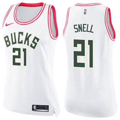 Nike Bucks #21 Tony Snell White Pink Women's NBA Swingman Fashion Jersey