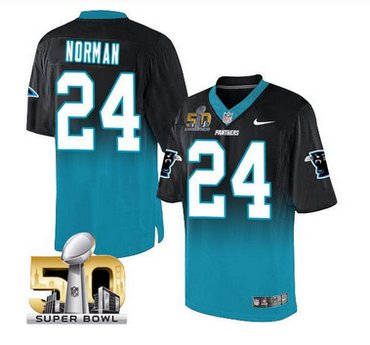 Nike Carolina Panthers #24 Josh Norman BlackBlue Super Bowl 50 Men's Stitched NFL Elite Fadeaway Fashion Jersey