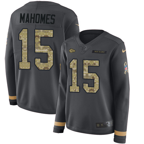 Nike Chiefs #15 Patrick Mahomes Anthracite Salute to Service Women's Stitched NFL Limited Therma Long Sleeve Jersey$199.99