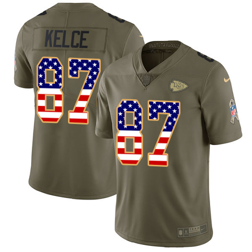 Nike Chiefs #87 Travis Kelce Olive USA Flag Youth Stitched NFL Limited 2017 Salute to Service Jersey