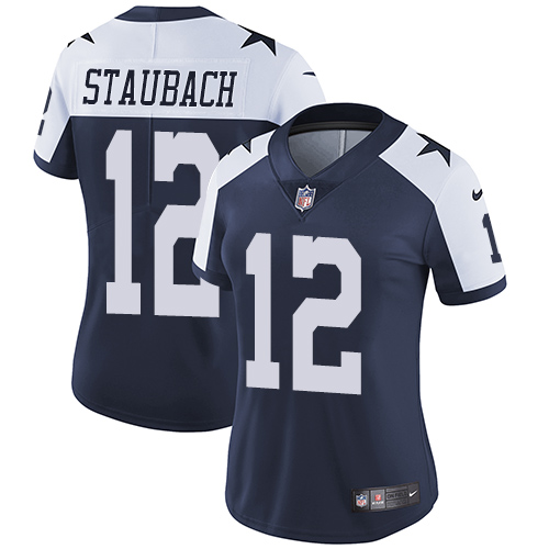 Nike Cowboys #12 Roger Staubach Navy Blue Thanksgiving Women's Stitched NFL Vapor Untouchable Limited Throwback Jersey Nike Cowboys #12 Roger Staubach Navy Blue Thanksgiving Women's Stitched NFL Vapor Untouchable Limited Throwback Jersey