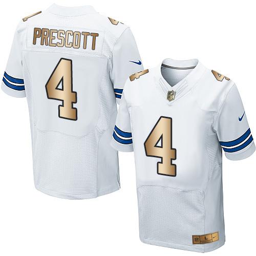 Nike Cowboys #4 Dak Prescott White Men's Stitched NFL Elite Gold Jersey Nike Cowboys #4 Dak Prescott White Men's Stitched NFL Elite Gold Jersey