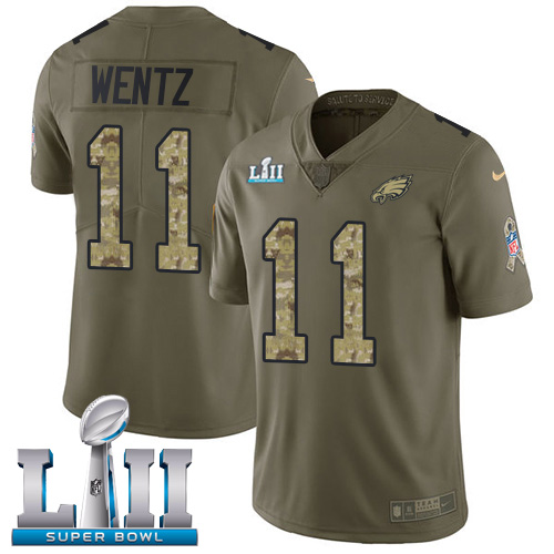 Nike Eagles #11 Carson Wentz Olive Camo Super Bowl LII Men's Stitched NFL Limited 2017 Salute To Service Jersey