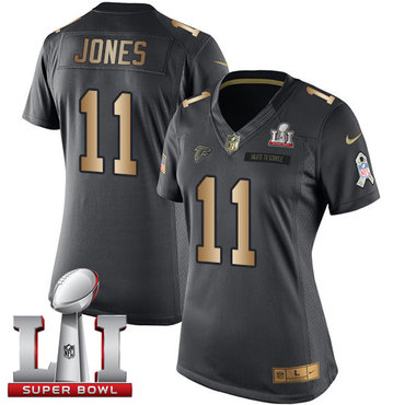 Nike Falcons #11 Julio Jones Black Super Bowl LI 51 Women's Stitched NFL Limited Gold Salute to Service Jersey