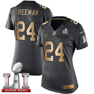 Nike Falcons #24 Devonta Freeman Black Super Bowl LI 51 Women's Stitched NFL Limited Gold Salute to Service Jersey