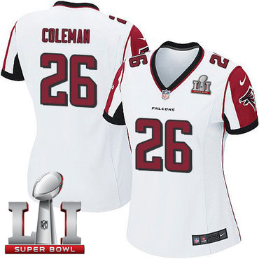 Nike Falcons #26 Tevin Coleman White Super Bowl LI 51 Women's Stitched NFL Elite Jersey