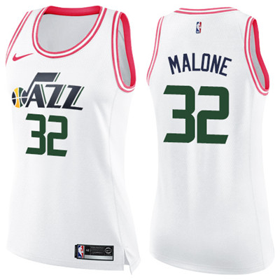 Nike Jazz #32 Karl Malone White Pink Women's NBA Swingman Fashion Jersey