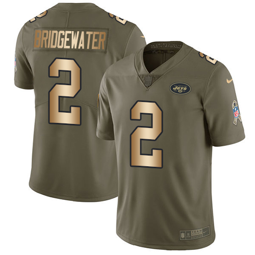 Nike Jets #2 Teddy Bridgewater Olive Gold Men's Stitched NFL Limited 2017 Salute To Service Jersey