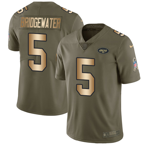 Nike Jets #5 Teddy Bridgewater Olive Gold Men's Stitched NFL Limited 2017 Salute To Service Jersey