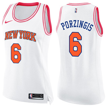 Nike Knicks #6 Kristaps Porzingis White Pink Women's NBA Swingman Fashion Jersey