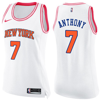 Nike Knicks #7 Carmelo Anthony White Pink Women's NBA Swingman Fashion Jersey