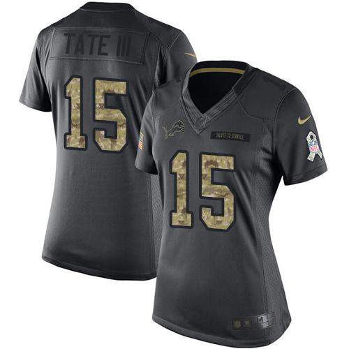 Nike Lions #15 Golden Tate III Black Women's Stitched NFL Limited 2016 Salute to Service Jersey