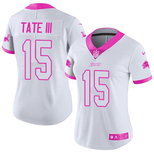 Nike Lions #15 Golden Tate III White Pink Women's Stitched NFL Limited Rush Fashion Jersey