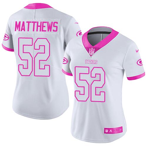 Nike Packers #52 Clay Matthews White Pink Women's Stitched NFL Limited Rush Fashion Jersey Nike Packers #52 Clay Matthews White Pink Women's Stitched NFL Limited Rush Fashion Jersey
