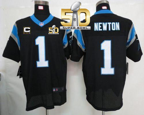 Nike Panthers #1 Cam Newton Black Team Color With C Patch Super Bowl 50 Men's Stitched NFL Elite Jersey