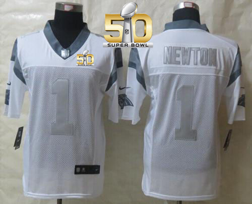 Nike Panthers #1 Cam Newton White Super Bowl 50 Men's Stitched NFL Limited Platinum Jersey